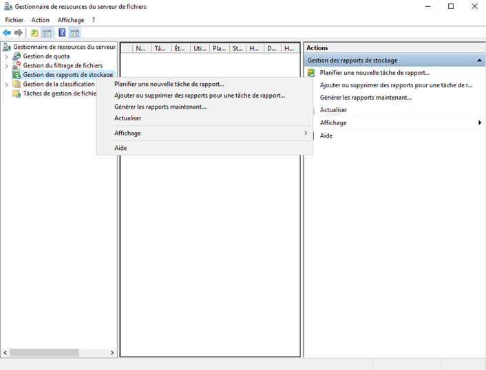 Console FSRM avec menu Gestion des rapports de stockage