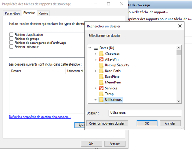 Onglet Etendue avec sélection du dossier Utilisateurs