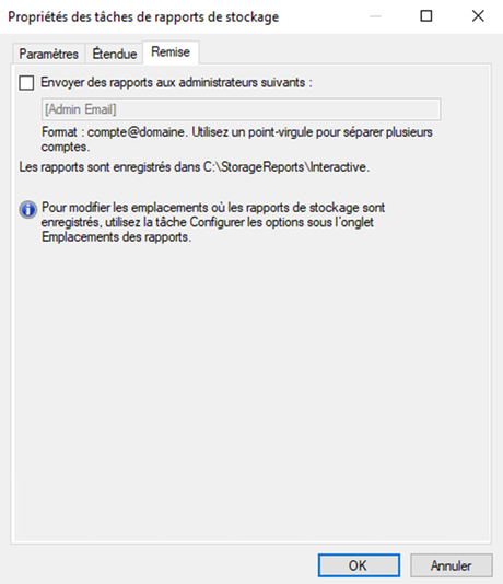 Onglet Remise pour transmission du rapport