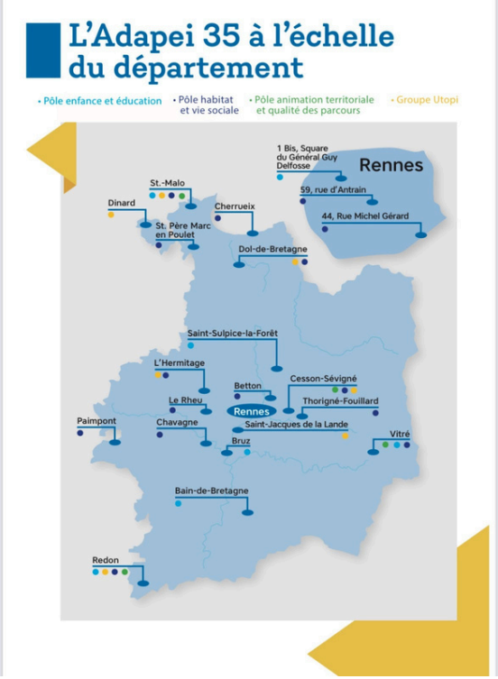 Carte des sites de l’ADAPEI 35 à l’échelle du département d’Ille-et-Vilaine
